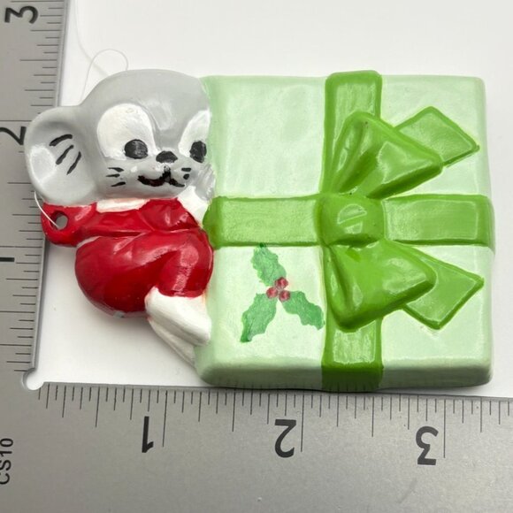 Vintage Christmas Mouse Ornament With Gift & Holly Design Hand Painted - Picture 3 of 6